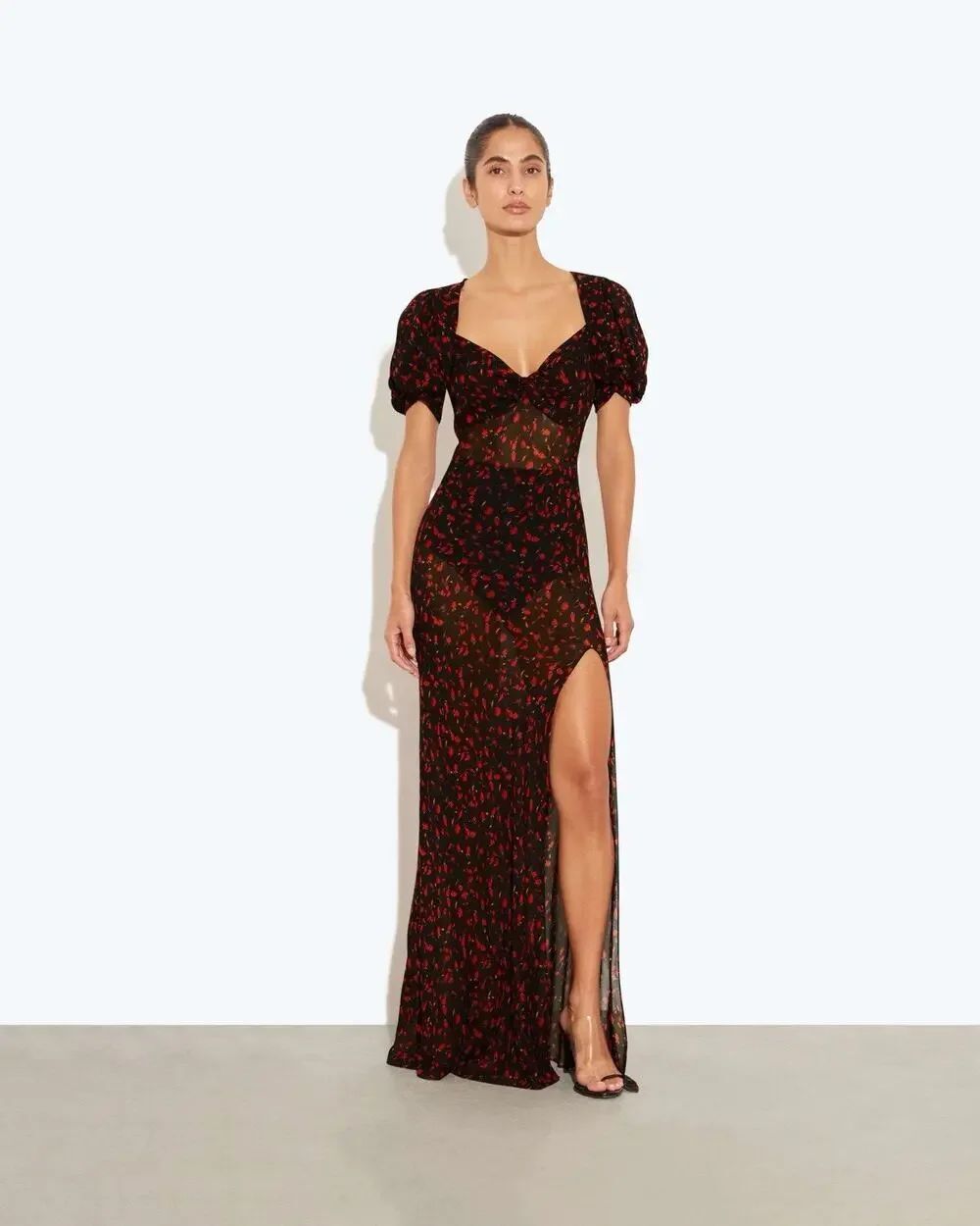 Rat & Boa Magnolia Floral Maxi Dress Black Red Puff Sleeve XS